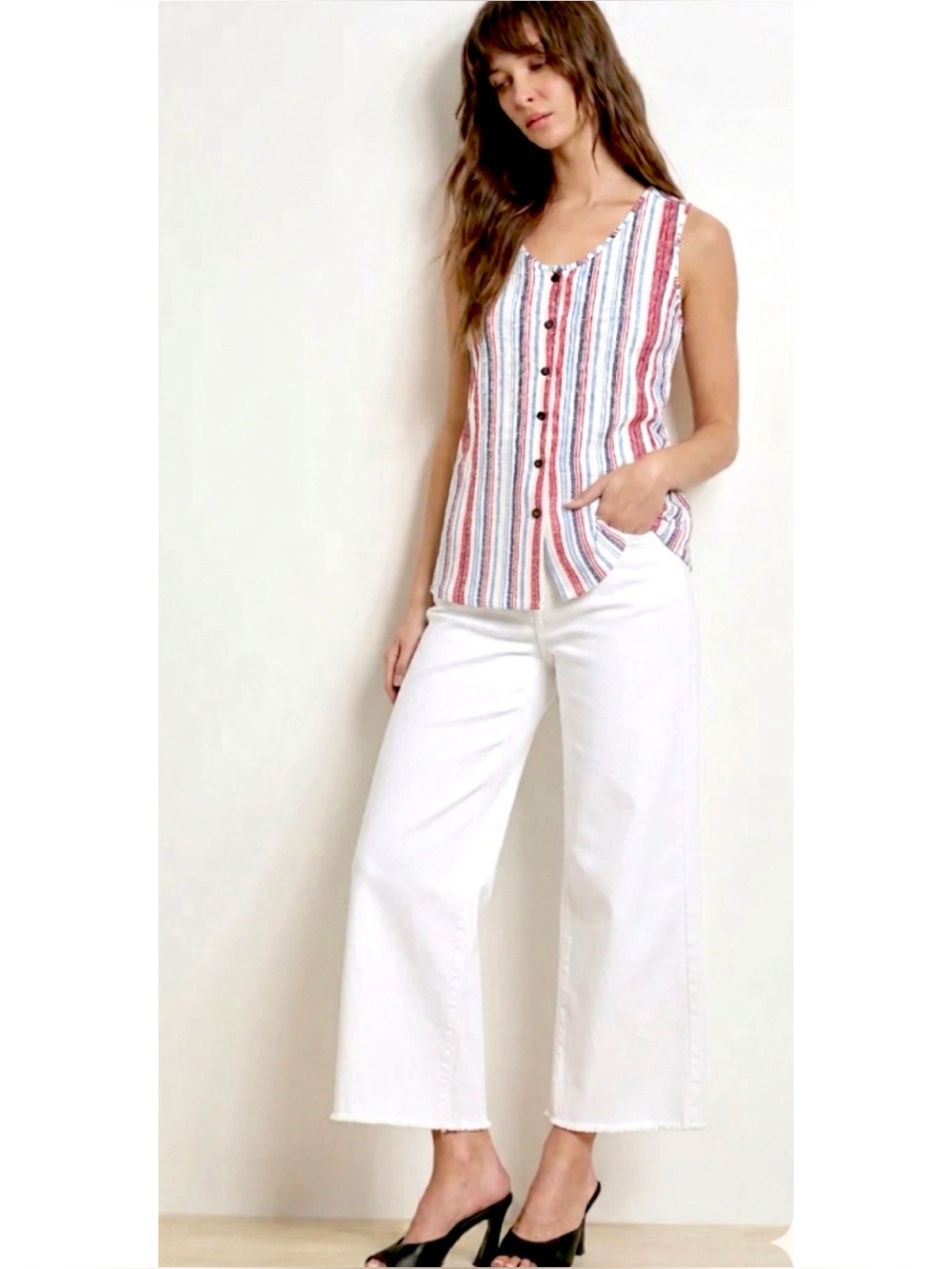RED WHITE & BLUE WOMEN SLEEVELESS KNIT TOP 2X {FITS 0X} PATRIOTIC STRIPES JULY 4